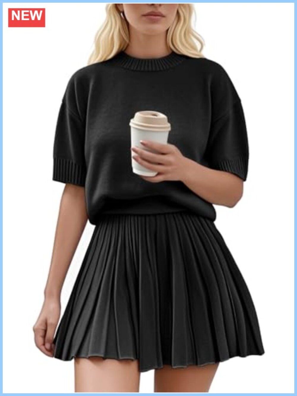 Pleated Mini Skirt Set Short Sleeve Crewneck Knit Top 2 Piece